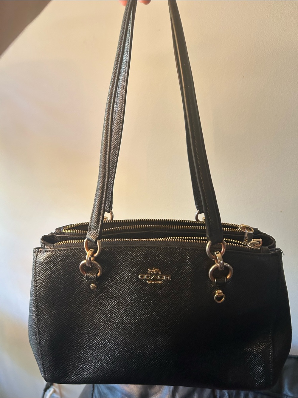 Coach Black Leather Double-Zip Shoulder Tote with Gold Hardware